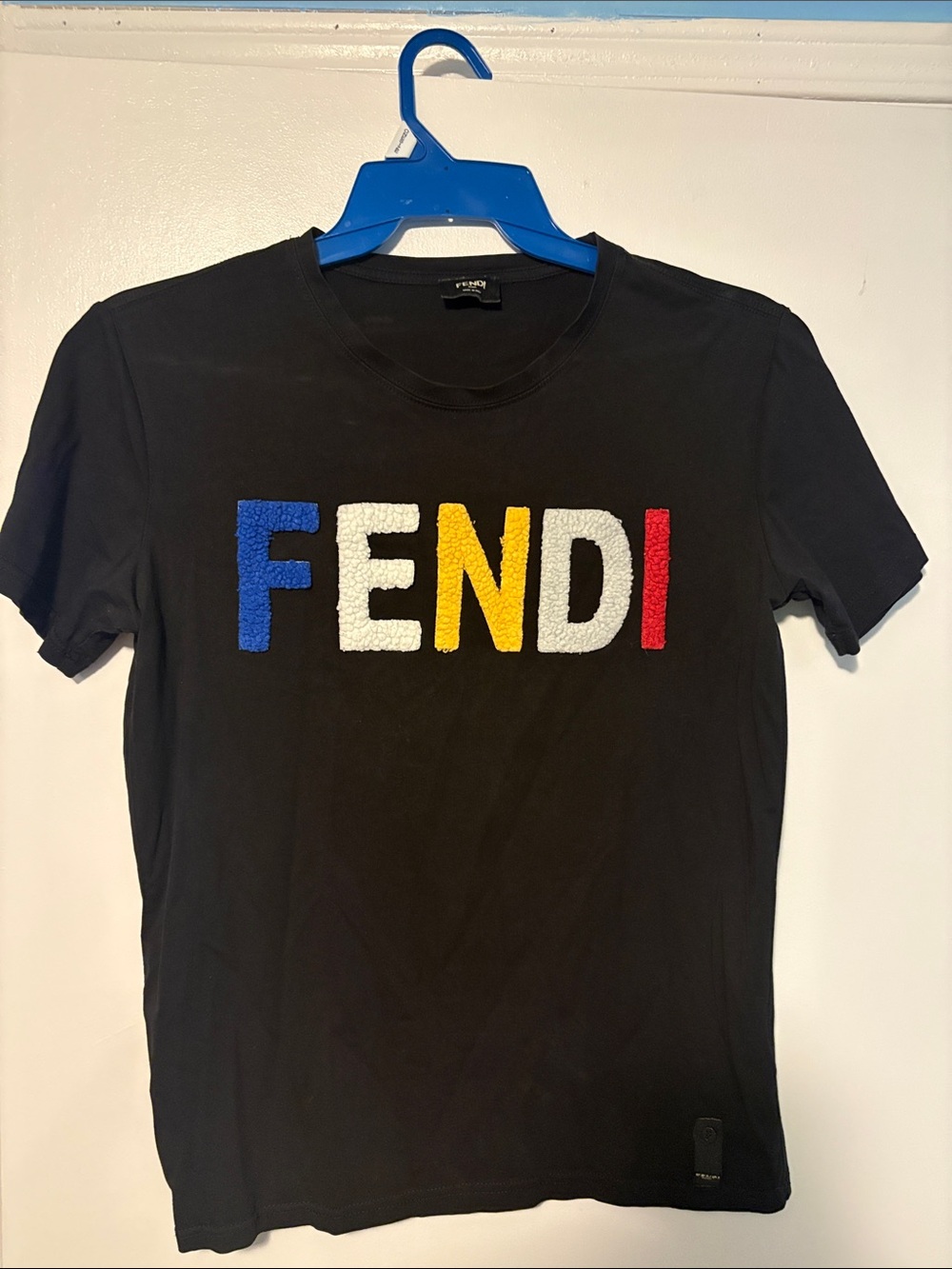 Fendi Black Short Sleeve Tee with Blue, White, Yellow & Red Logo